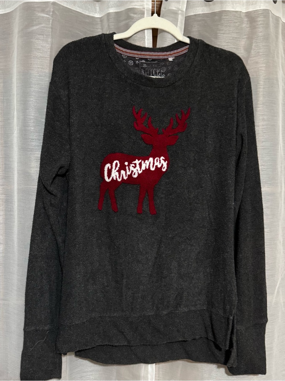 Women's Charcoal Crewneck Sweater with Red Reindeer Graphic